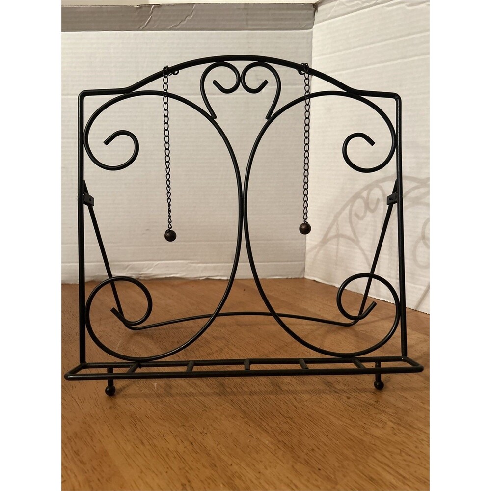 Metal Cookbook Stand Scrollwork with Two Weighted Chains Recipe Book Holder 12”